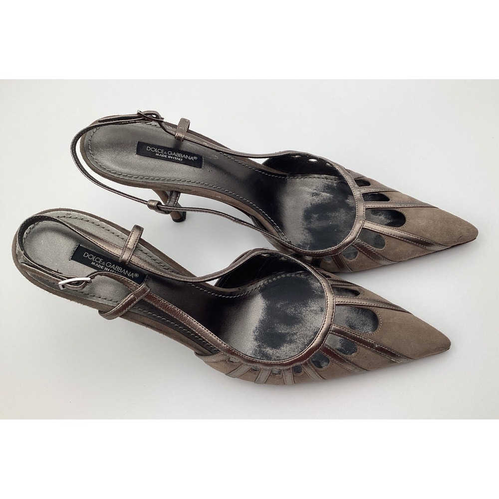 Dolce & Gabbana Suede Metallic Leather Cutout Slingback Heels Taupe Bronze 40